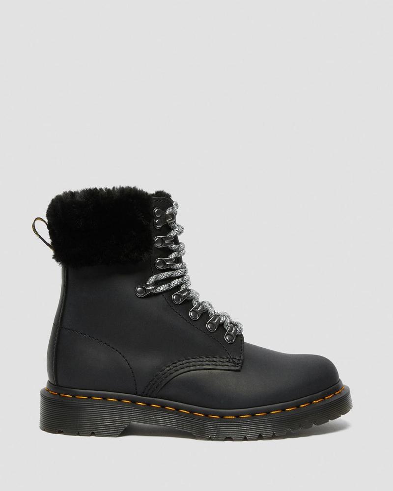 Dr Martens 1460 Serena Collar Faux Fur Gevoerde Veterlaarzen Dames Zwart | NL 578UZG